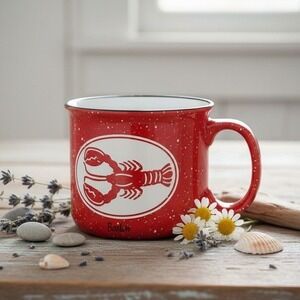 Cape Shore Lobster Camp Mug, Red & White Speckled Stoneware, Faux Enamel Cup